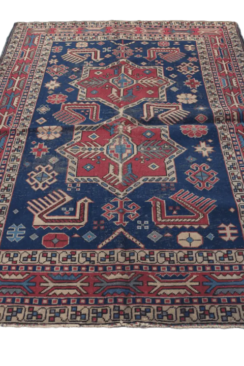 200 x 153 cm Old Kazak Wool Rug Hand-Knotted Blue Colour - Rugoutlet