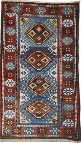 223x134 cm Turkish Karz Wool handmade Red and Blue rug - Rugoutlet