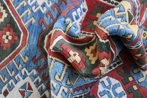 223x134 cm Turkish Karz Wool handmade Red and Blue rug - Rugoutlet