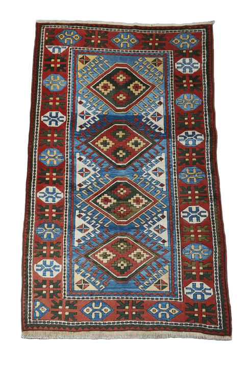 223x134 cm Turkish Karz Wool handmade Red and Blue rug - Rugoutlet
