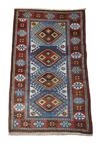 223x134 cm Turkish Karz Wool handmade Red and Blue rug - Rugoutlet