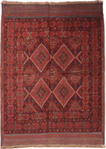 190 x 140 cm Afghan Mushwani Tribal Wool Rug Hand-Knotted Red Colour - Rugoutlet