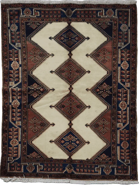 200 x 152 cm Persian Yalameh Tribal Wool Rug Hand-Knotted Beige Blue Colour - Rugoutlet
