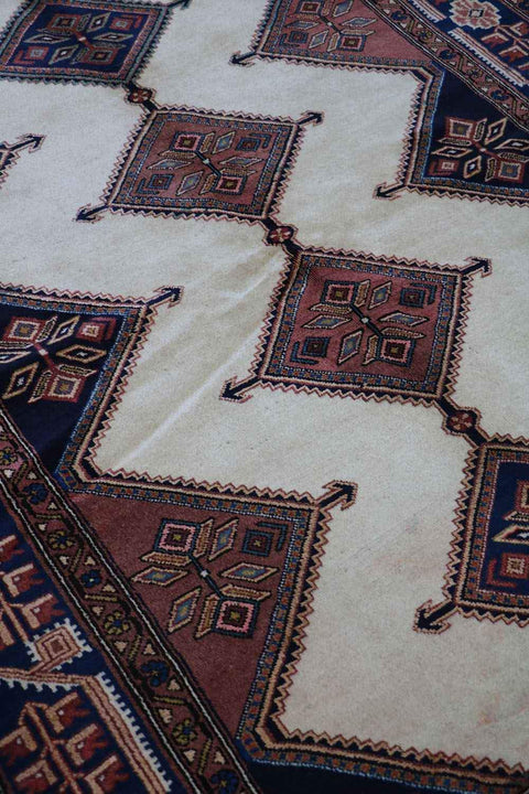 200 x 152 cm Persian Yalameh Tribal Wool Rug Hand-Knotted Beige Blue Colour - Rugoutlet