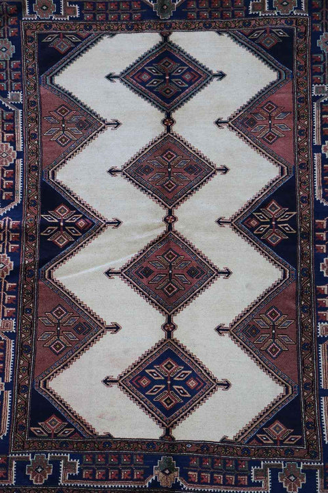 200 x 152 cm Persian Yalameh Tribal Wool Rug Hand-Knotted Beige Blue Colour - Rugoutlet