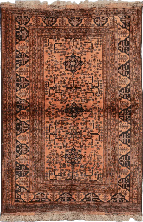 198 x 132 cm Old Afghan Tribal Wool Rug Hand-Knotted Brown Colour - Rugoutlet