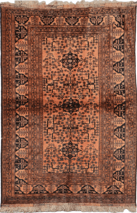 198 x 132 cm Old Afghan Tribal Wool Rug Hand-Knotted Brown Colour - Rugoutlet