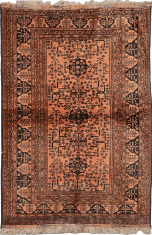 198 x 132 cm Old Afghan Tribal Wool Rug Hand-Knotted Brown Colour - Rugoutlet