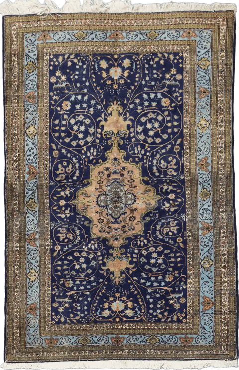 210x140 cm Old Anatolian (Turkish) Gheysari Blue Handmade Silk & Wool Rug - Rugoutlet