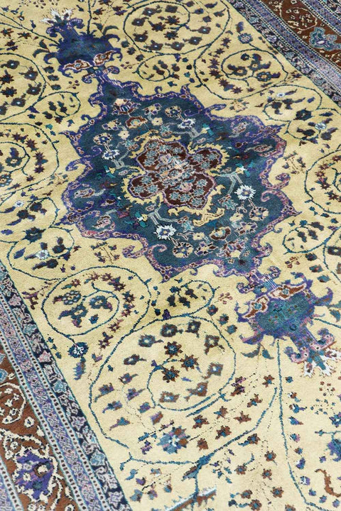 210x140 cm Old Anatolian (Turkish) Gheysari Blue Handmade Silk & Wool Rug - Rugoutlet