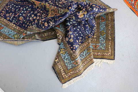 210x140 cm Old Anatolian (Turkish) Gheysari Blue Handmade Silk & Wool Rug - Rugoutlet