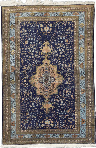 210x140 cm Old Anatolian (Turkish) Gheysari Blue Handmade Silk & Wool Rug - Rugoutlet