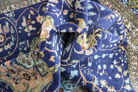 210x140 cm Old Anatolian (Turkish) Gheysari Blue Handmade Silk & Wool Rug - Rugoutlet