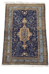 210x140 cm Old Anatolian (Turkish) Gheysari Blue Handmade Silk & Wool Rug