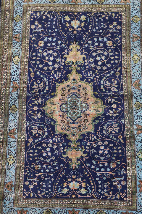 210x140 cm Old Anatolian (Turkish) Gheysari Blue Handmade Silk & Wool Rug - Rugoutlet