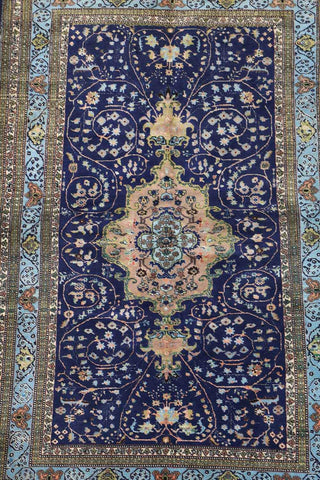 210x140 cm Old Anatolian (Turkish) Gheysari Blue Handmade Silk & Wool Rug - Rugoutlet