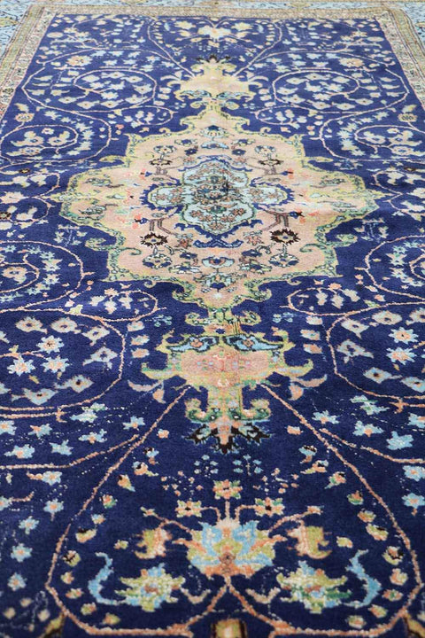 210x140 cm Old Anatolian (Turkish) Gheysari Blue Handmade Silk & Wool Rug - Rugoutlet