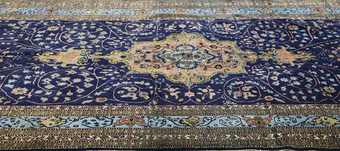 210x140 cm Old Anatolian (Turkish) Gheysari Blue Handmade Silk & Wool Rug - Rugoutlet