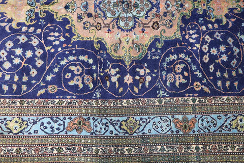 210x140 cm Old Anatolian (Turkish) Gheysari Blue Handmade Silk & Wool Rug - Rugoutlet