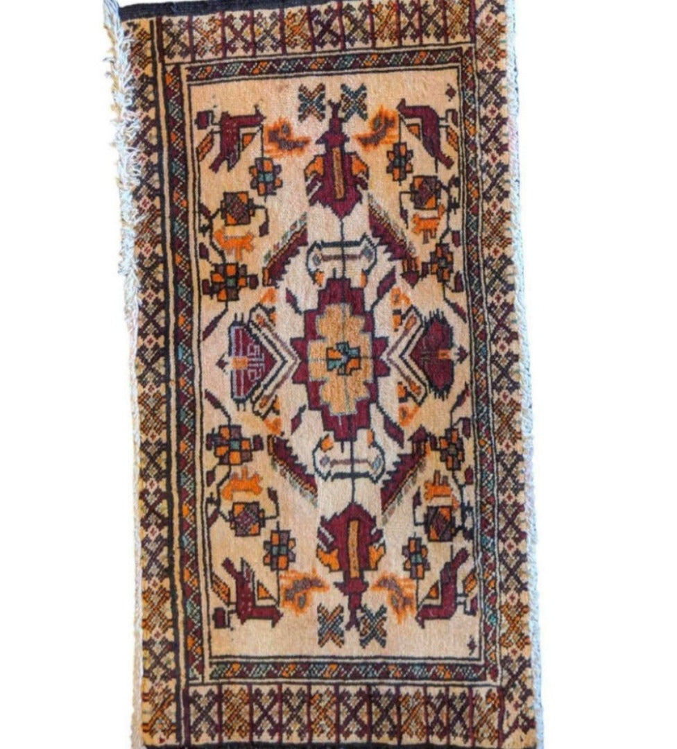 80 x 41 cm Persian Tribal Baluch Yellow Tribal White Small Rug - Rugmaster