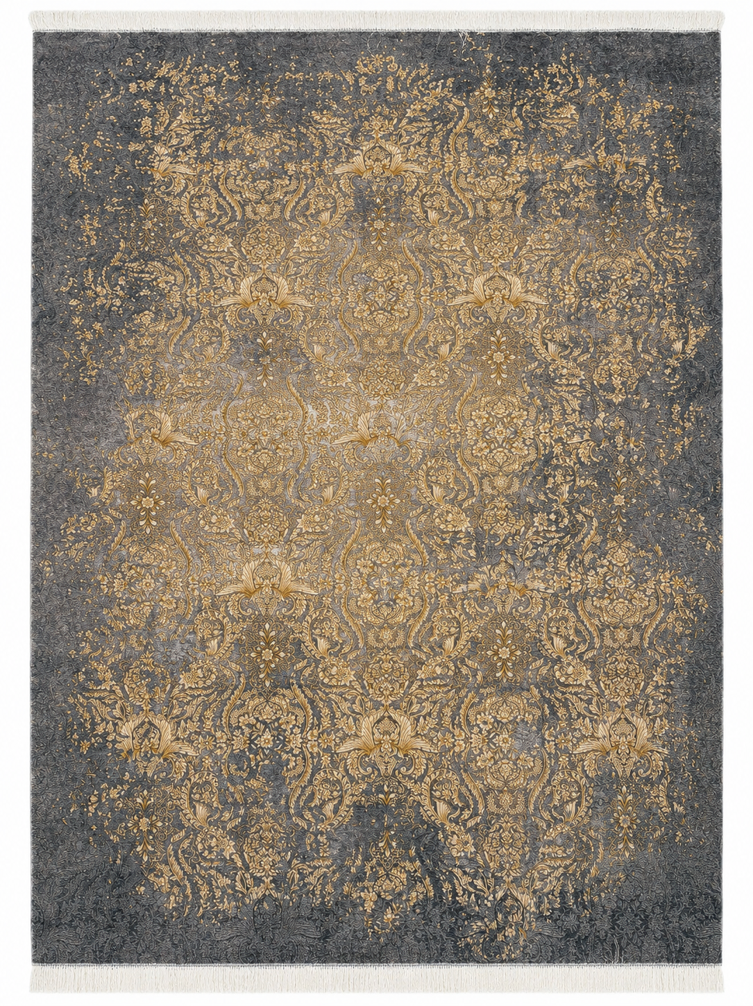 Modern Powerloom Acrylic Rug with Silk Tassels 225x150 cm – Grey & Golden Rug