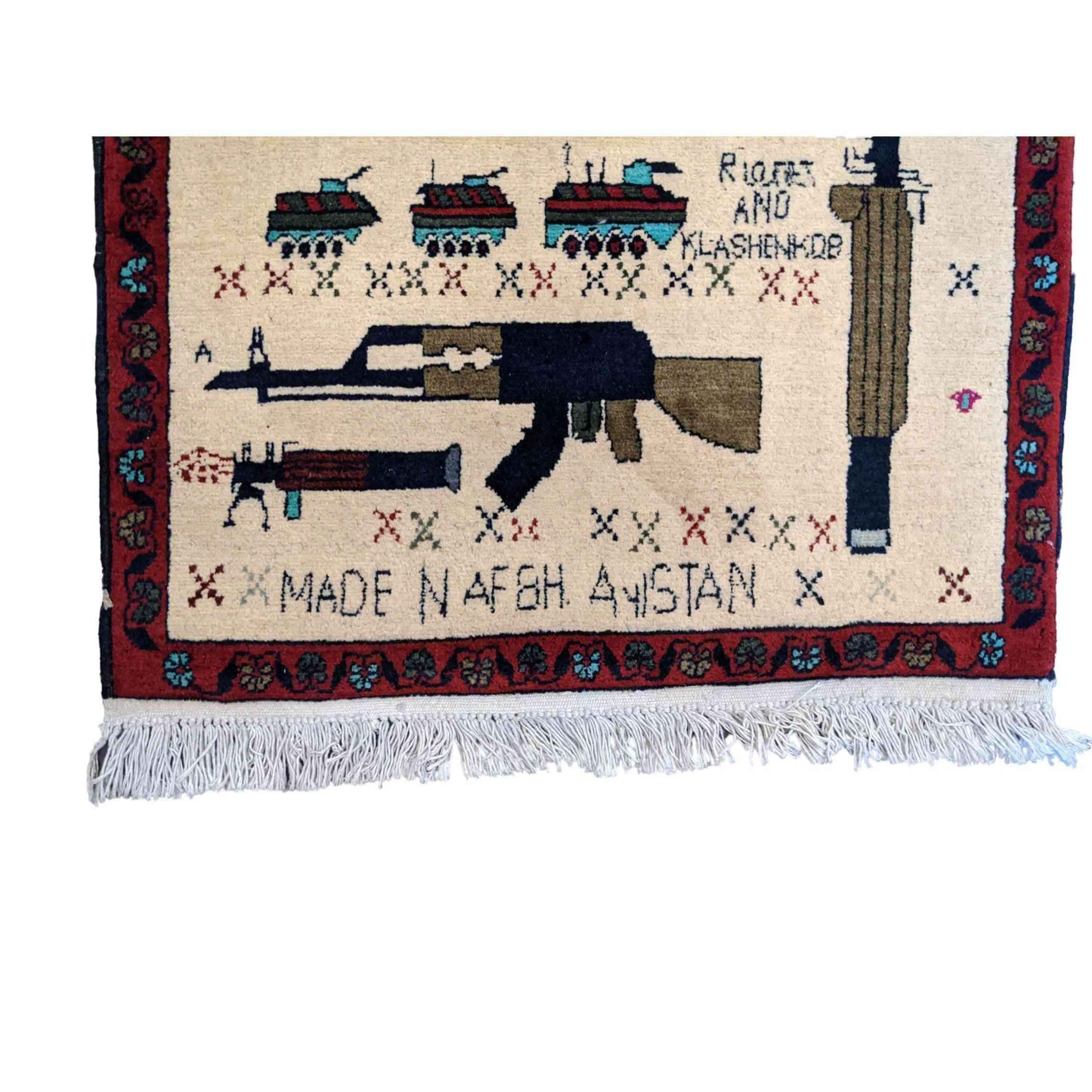 handmade in afgahnistan war rug with tanks and klashinkov