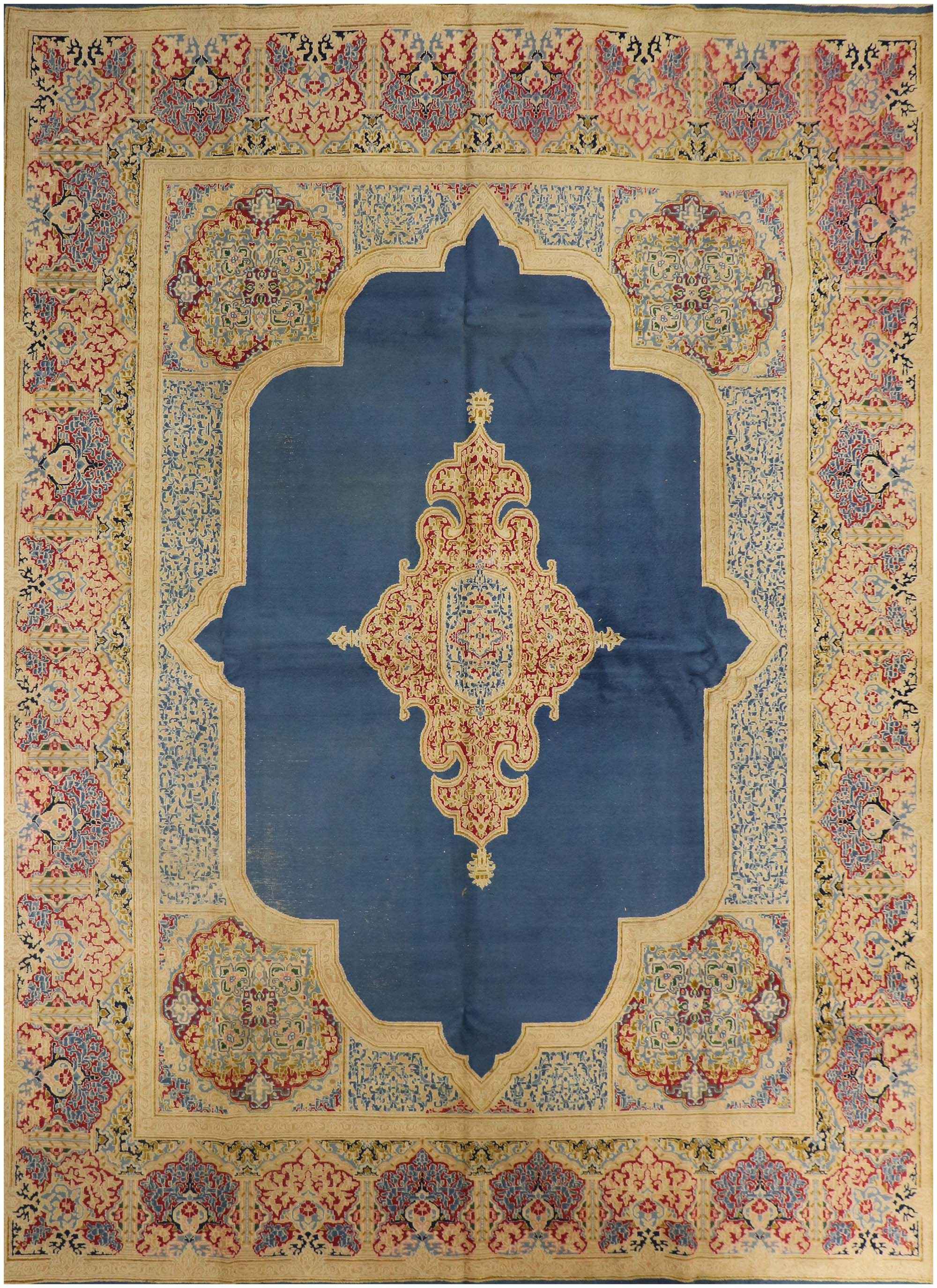 420x335 cm Fine Antique Persian Kerman Wool Yellow and Blue Rug - Rugoutlet