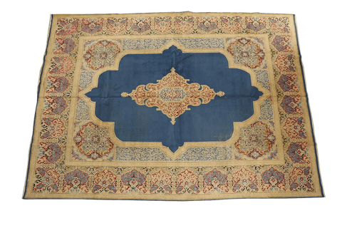420x335 cm Fine Antique Persian Kerman Wool Yellow and Blue Rug - Rugoutlet