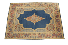 420x335 cm Fine Antique Persian Kerman Wool Yellow and Blue Rug - Rugoutlet