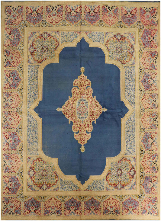 420x335 cm Fine Antique Persian Kerman Wool Yellow and Blue Rug