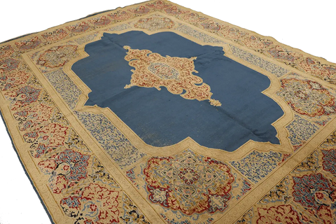 420x335 cm Fine Antique Persian Kerman Wool Yellow and Blue Rug - Rugoutlet