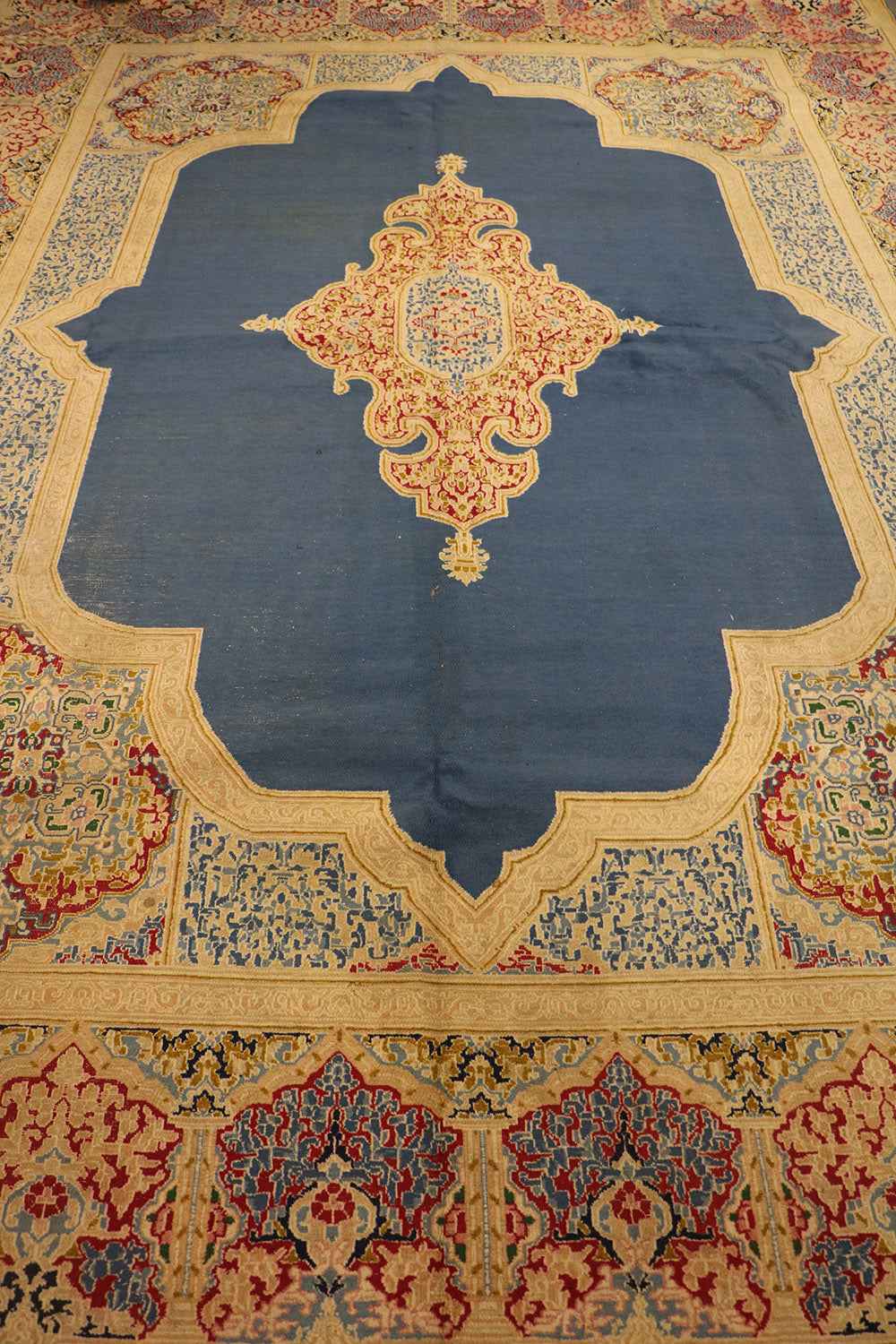 420x335 cm Fine Antique Persian Kerman Wool Yellow and Blue Rug - Rugoutlet