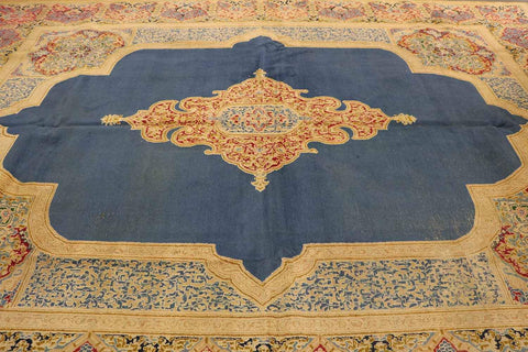 420x335 cm Fine Antique Persian Kerman Wool Yellow and Blue Rug - Rugoutlet