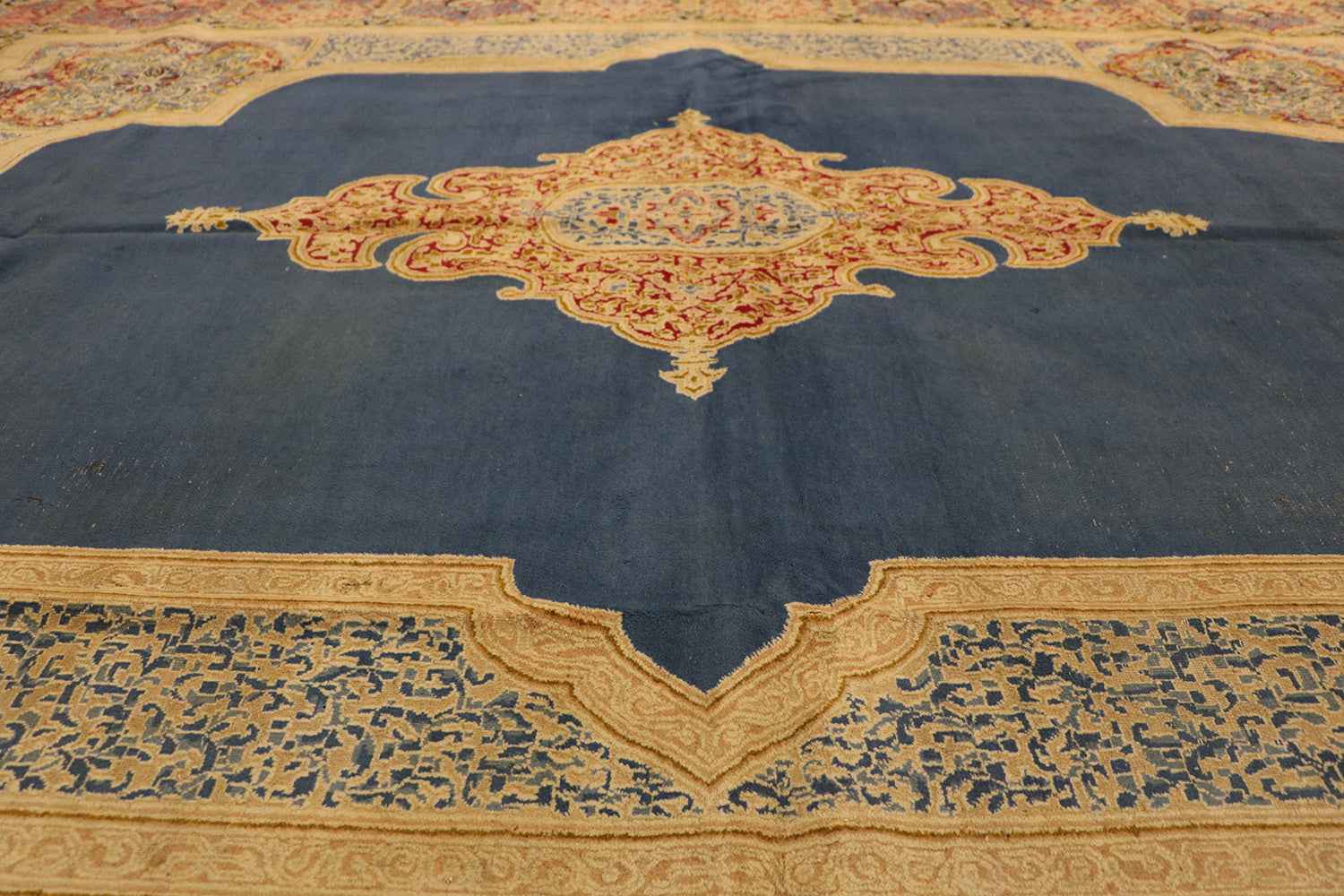 420x335 cm Fine Antique Persian Kerman Wool Yellow and Blue Rug - Rugoutlet