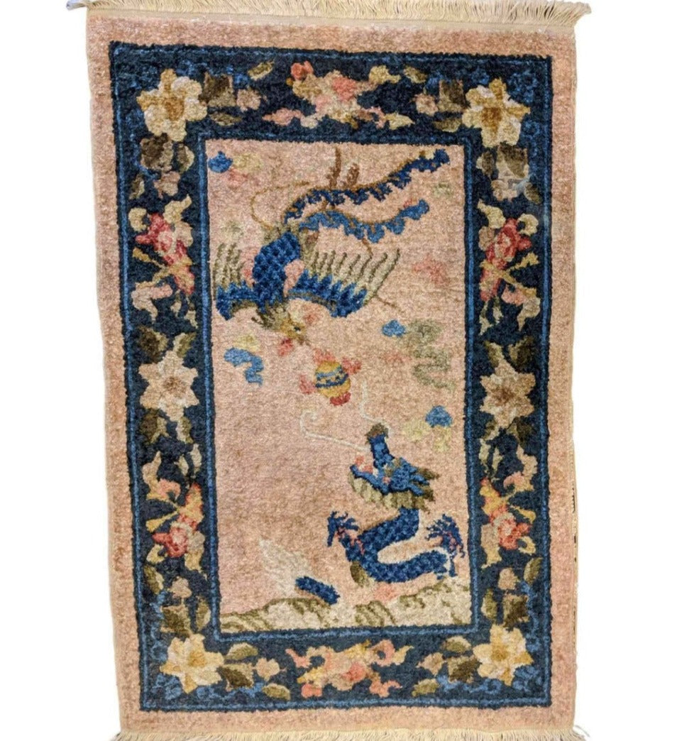 93 x 64 cm Chinese Traditional Blue Small Rug - Rugoutlet