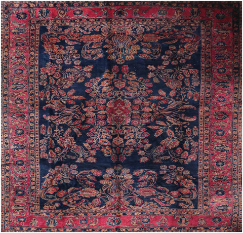 355x265 cm Antique Persian Sarouk Wool Rug Handmade Blue Pink - Rugoutlet