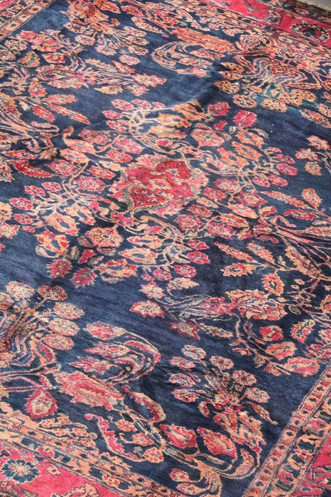 355x265 cm Antique Persian Sarouk Wool Rug Handmade Blue Pink - Rugoutlet