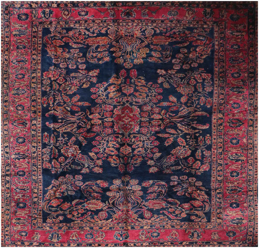 355x265 cm Antique Persian Sarouk Wool Rug Handmade Blue Pink - Rugoutlet