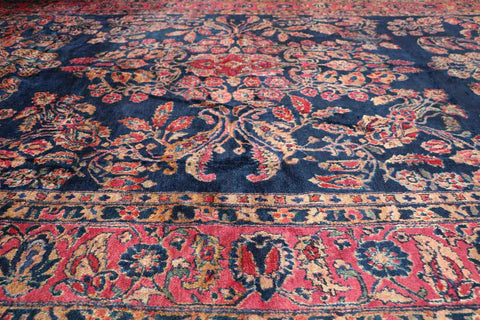 355x265 cm Antique Persian Sarouk Wool Rug Handmade Blue Pink - Rugoutlet