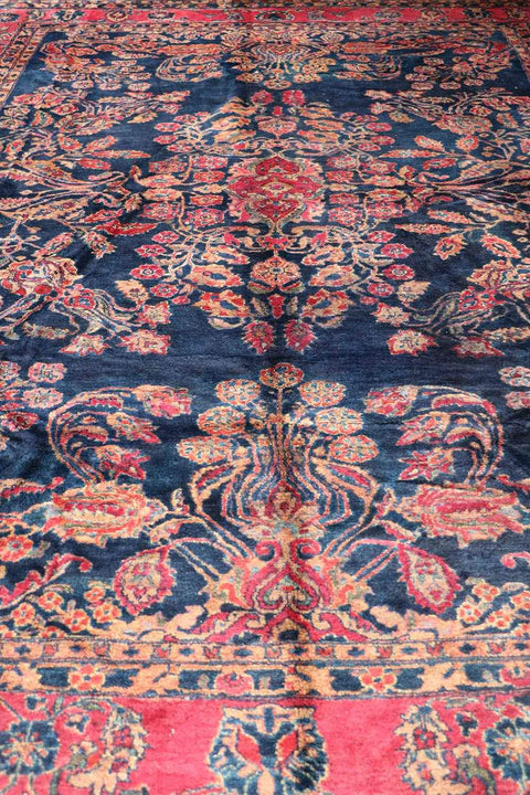 355x265 cm Antique Persian Sarouk Wool Rug Handmade Blue Pink - Rugoutlet
