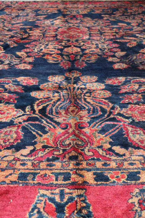 355x265 cm Antique Persian Sarouk Wool Rug Handmade Blue Pink - Rugoutlet