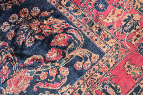 355x265 cm Antique Persian Sarouk Wool Rug Handmade Blue Pink - Rugoutlet