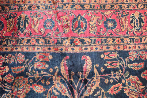 355x265 cm Antique Persian Sarouk Wool Rug Handmade Blue Pink - Rugoutlet