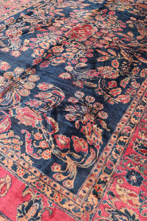 355x265 cm Antique Persian Sarouk Wool Rug Handmade Blue Pink - Rugoutlet