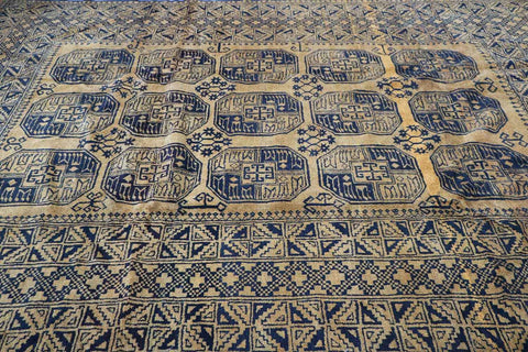 335x263 cm Antique Golden Afghan Wool Rug Handmade Yellow Black - Rugoutlet