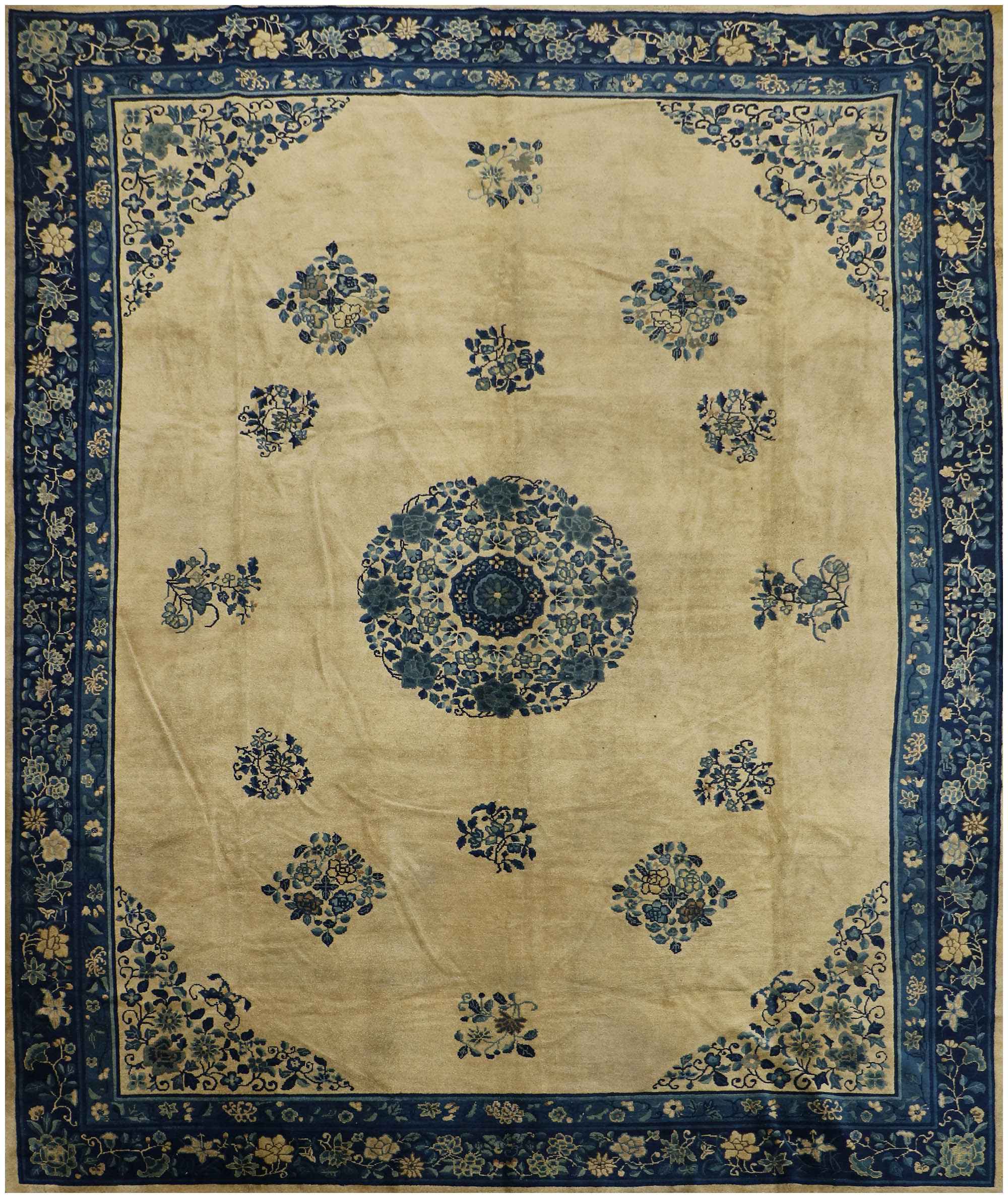 384x310 cm Antique Chinese Wool Rug Handmade Beige Blue - Rugoutlet