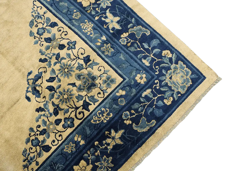 384x310 cm Antique Chinese Wool Rug Handmade Beige Blue - Rugoutlet