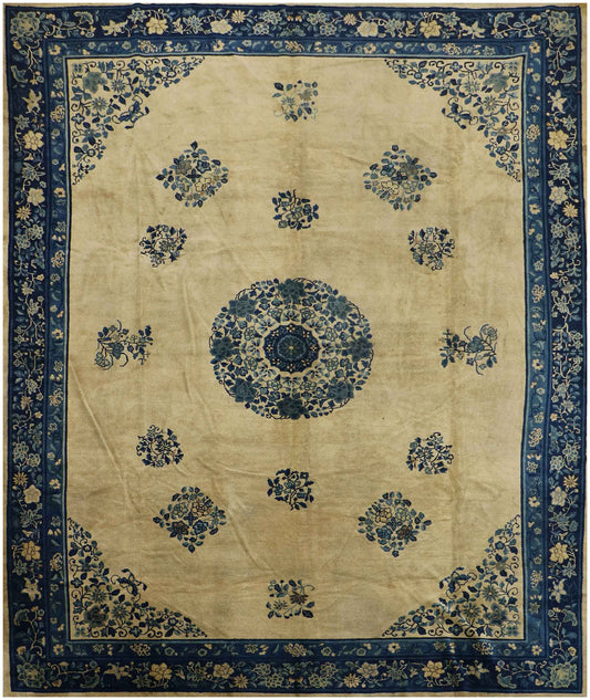 384x310 cm Antique Chinese Wool Rug Handmade Beige Blue - Rugoutlet