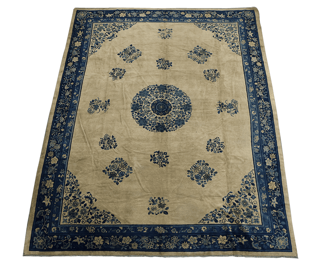 384x310 cm Antique Chinese Wool Rug Handmade Beige Blue - Rugoutlet