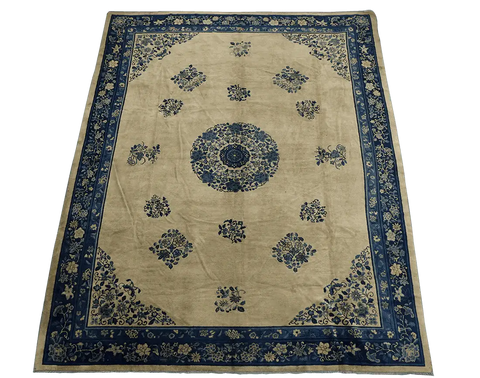 384x310 cm Antique Chinese Wool Rug Handmade Beige Blue - Rugoutlet